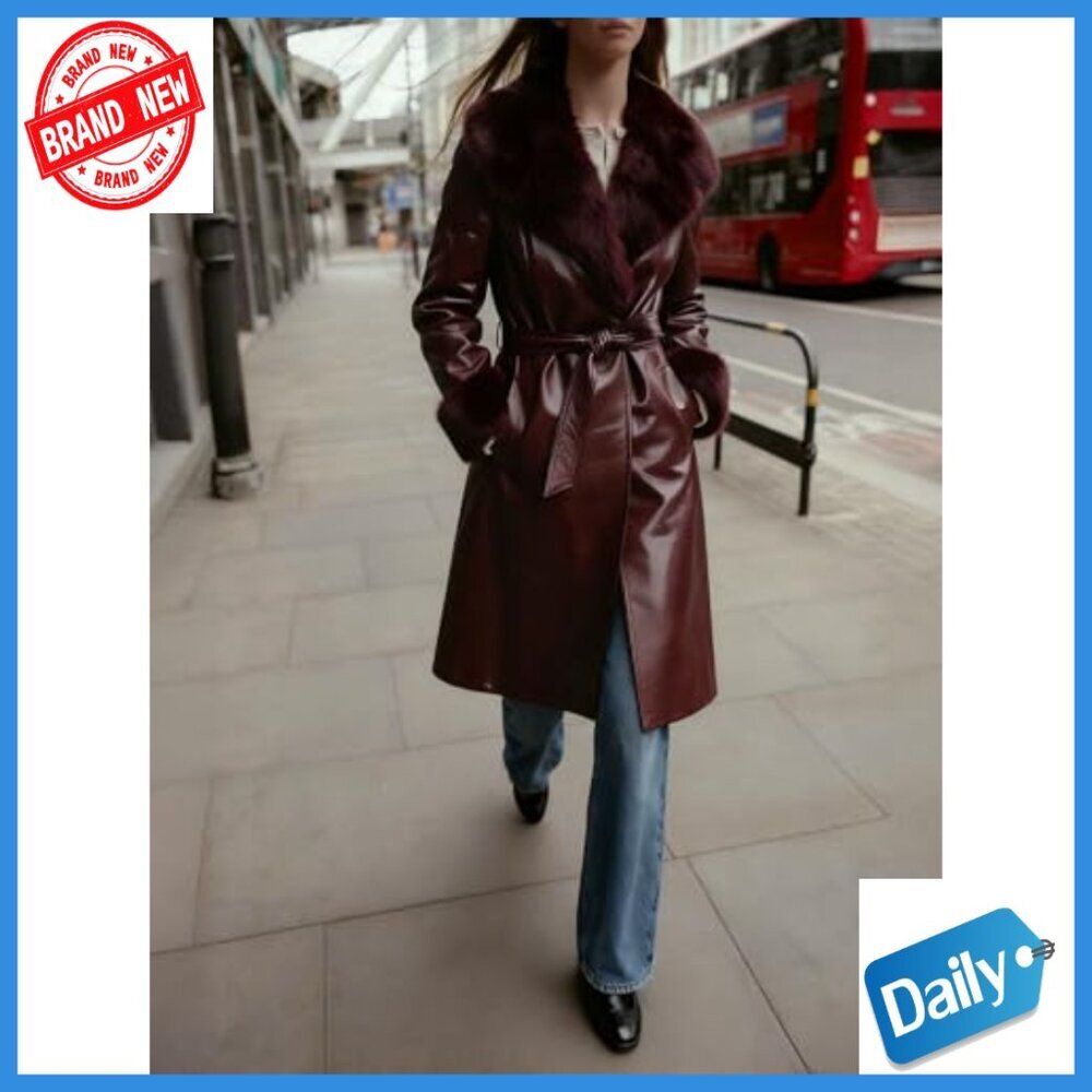 Leather Coat with Faux Fur Trim, Belted Long Overcoat, Slim Fit - Picture 6 of 7